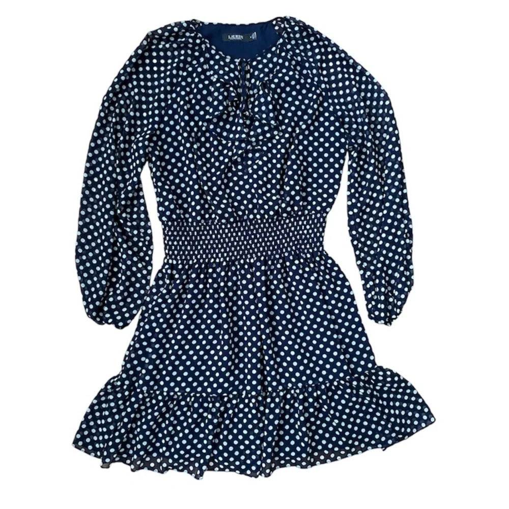 Lauren Ralph Lauren Polka Dot Chiffon Midi Dress Smocked Waist Navy Size 12
